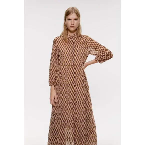 Zara Geometric Print Maxi Dress Sheer Long Sleeve Size Medium Indie Boho Twee - Picture 2 of 9